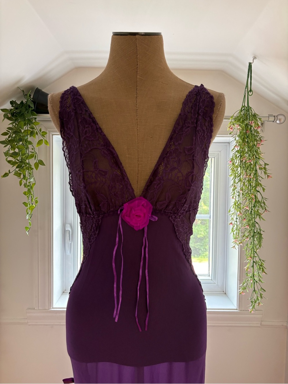 Purple Lace Sheer Maxi Slip Dress with Rose Accent - Picture 2 of 6